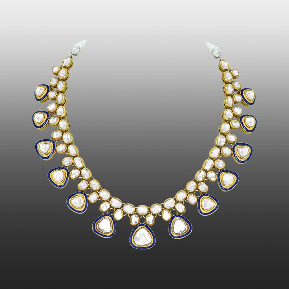 Triangle Polki Necklace with Blue Enamel